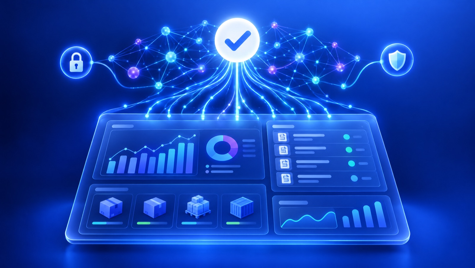 غلاف تجريدي يُظهر لوحة تحكم نظام ERP تعلوها طبقة من روابط الذكاء الاصطناعي المضيئة بين الوحدات وعلامة موافقة بشرية
