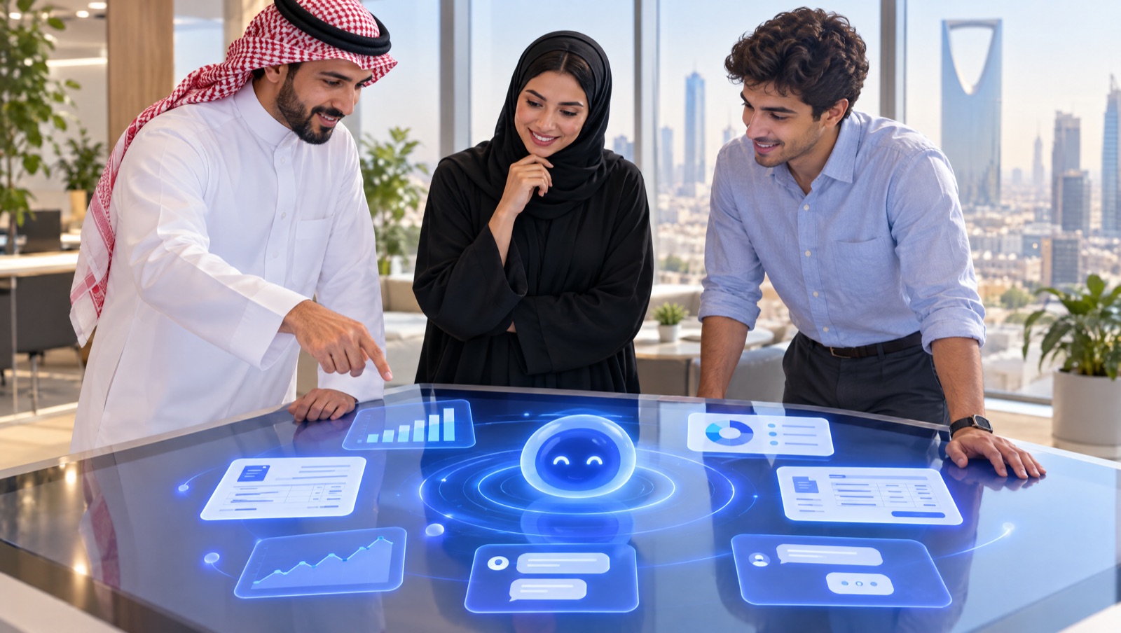 Une petite équipe dans un bureau lumineux du Golfe travaille sur ordinateurs aux côtés d'une interface d'assistant IA abstraite et accueillante affichant des bulles de discussion en arabe et en anglais