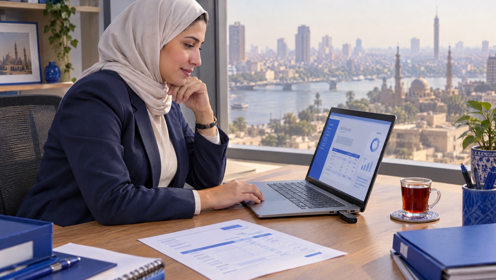 Egyptian accountant at a desk in a Cairo office reviewing an electronic invoice on screen, with a USB e-signature token plugged into the laptop