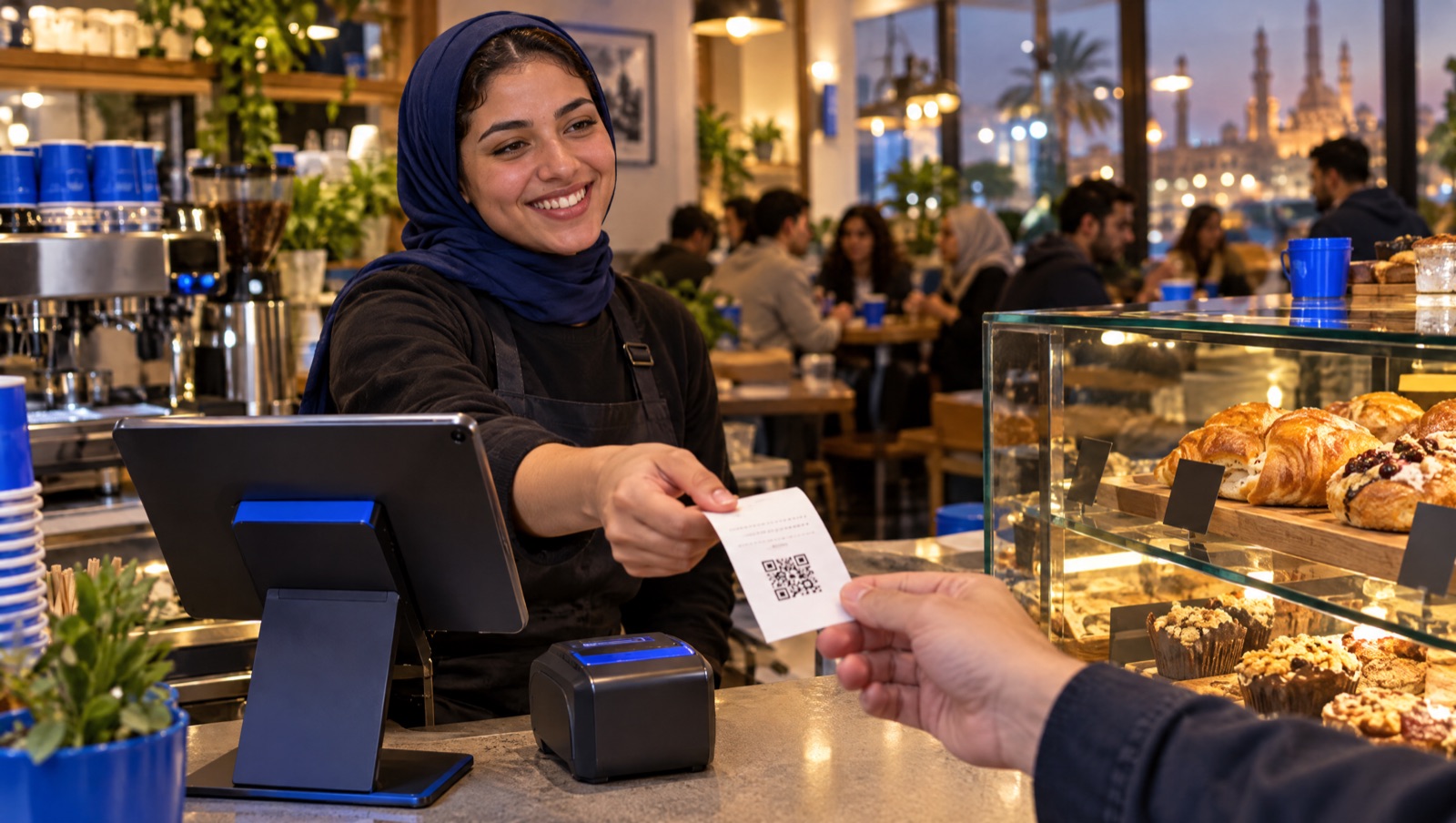 A cashier at a busy Cairo café hands a customer a printed receipt with a QR code across the counter