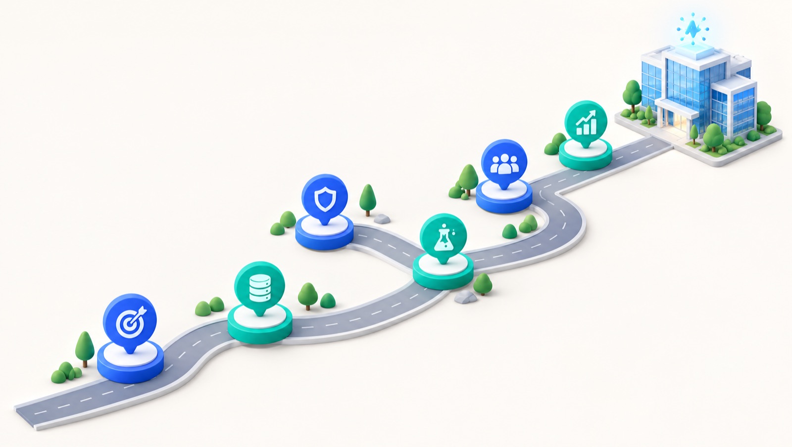 Illustration d'un chemin avec six jalons numérotés menant à un immeuble de bureaux moderne, représentant les étapes d'adoption de l'IA