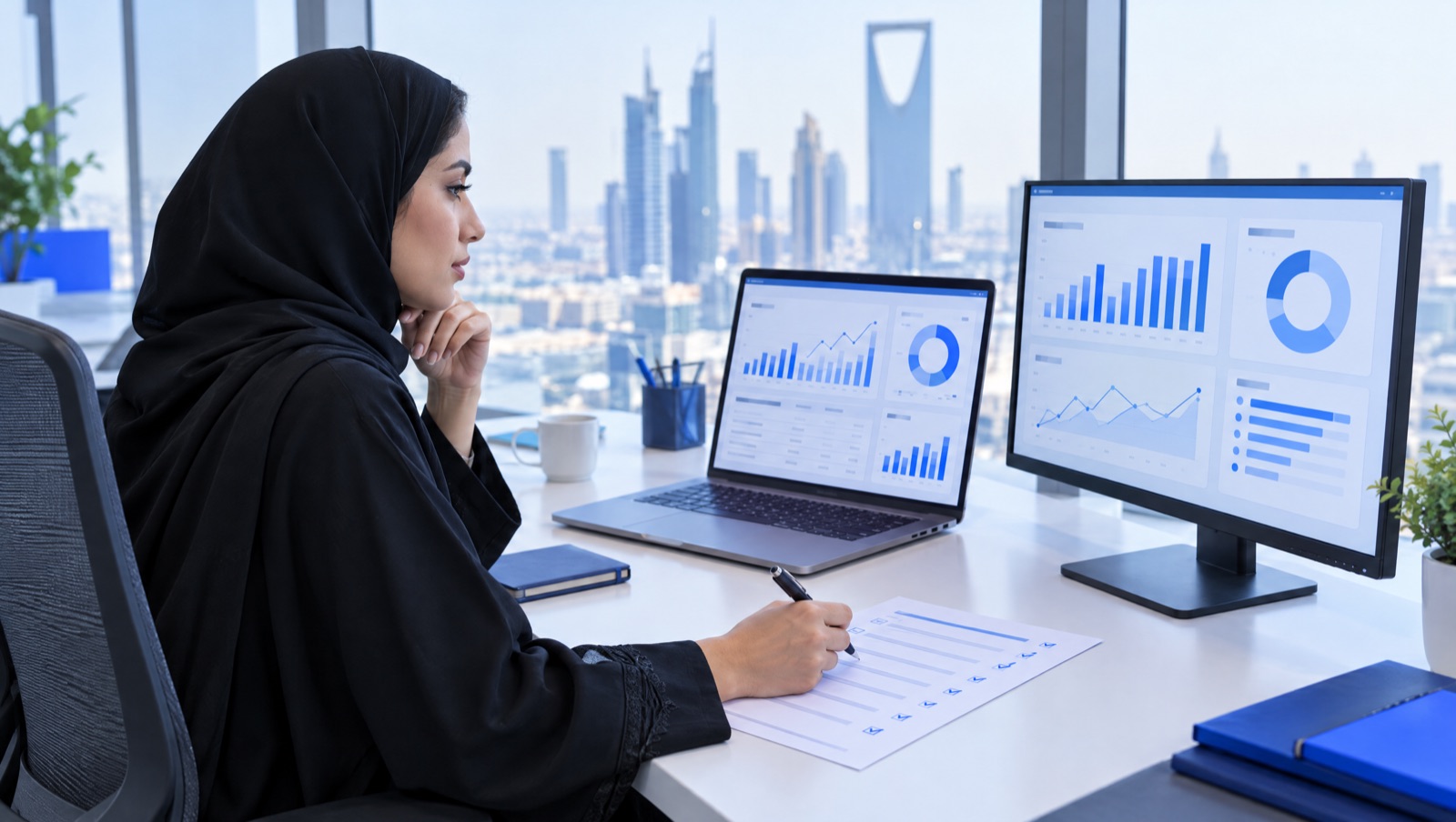 محاسب في مكتب بالرياض يقارن بين برامج محاسبية على شاشة حاسوب محمول