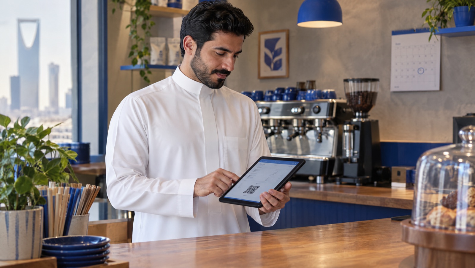 صاحب مقهى سعودي خلف الكاونتر يراجع فاتورة إلكترونية تحمل رمز QR على جهاز لوحي