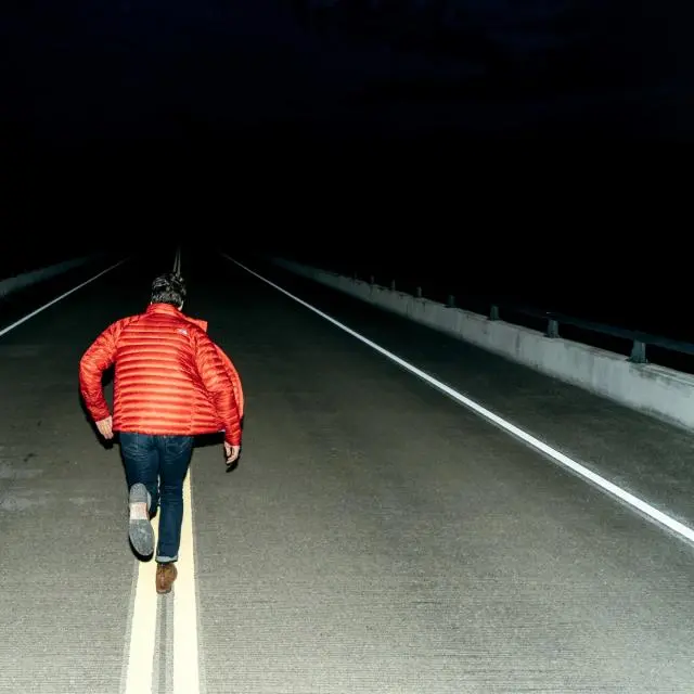 Red puffer jacket