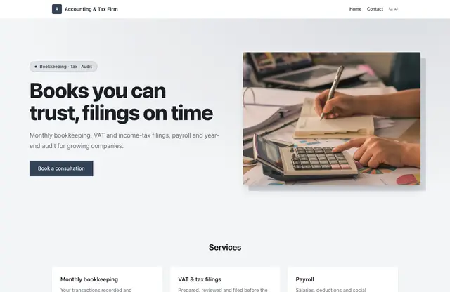 Accounting & Tax Firm website template — home page preview