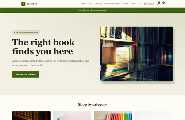 Bookshop website template — home page preview
