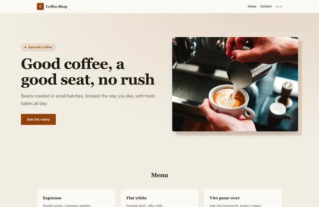 Coffee Shop website template — home page preview