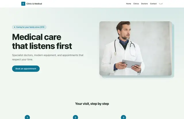 Clinic & Medical website template — home page preview