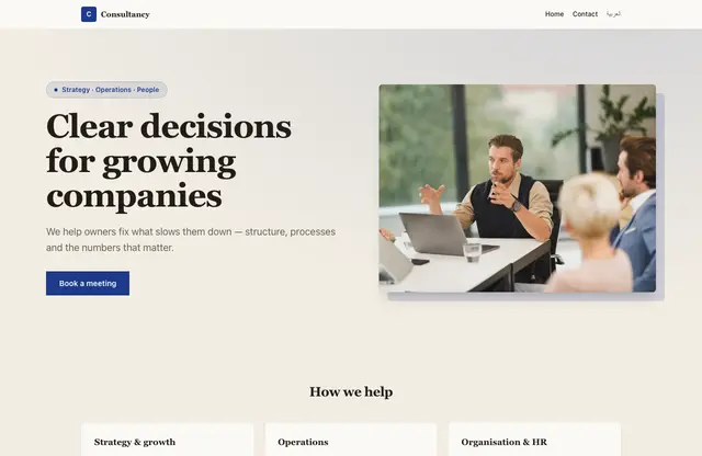 Consultancy website template — home page preview