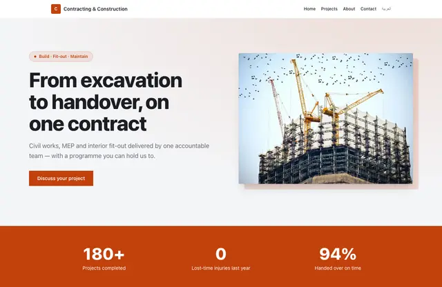 Contracting & Construction website template — home page preview