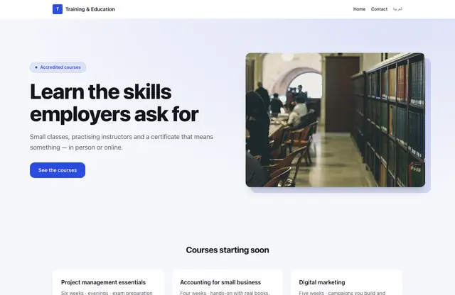 Training & Education website template — home page preview