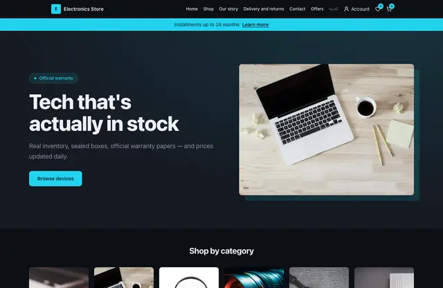 Electronics Store website template — home page preview