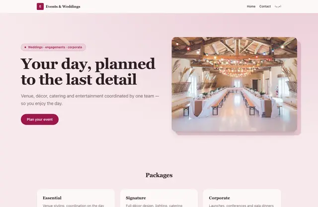 Events & Weddings website template — home page preview