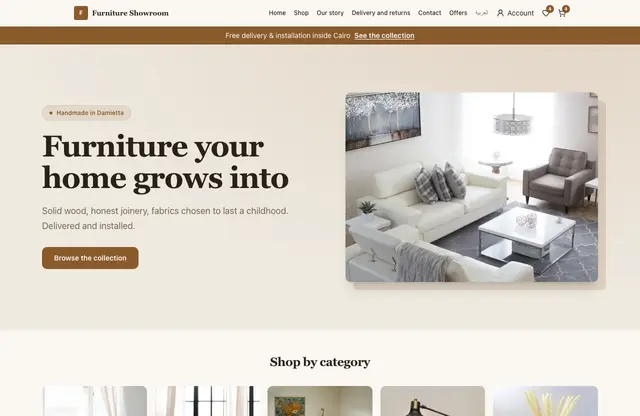 Furniture Showroom website template — home page preview