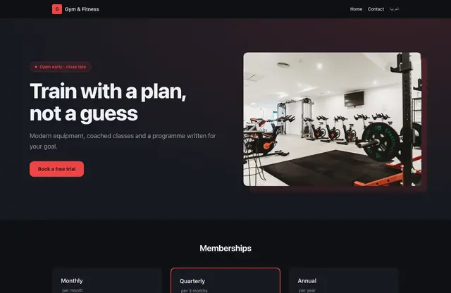 Gym & Fitness website template — home page preview