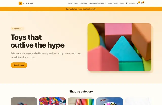 Kids & Toys website template — home page preview