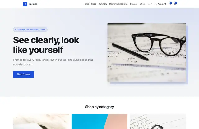 Optician website template — home page preview