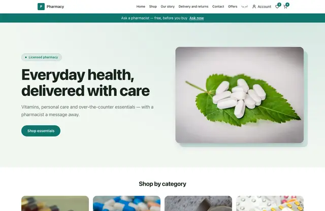 Pharmacy website template — home page preview