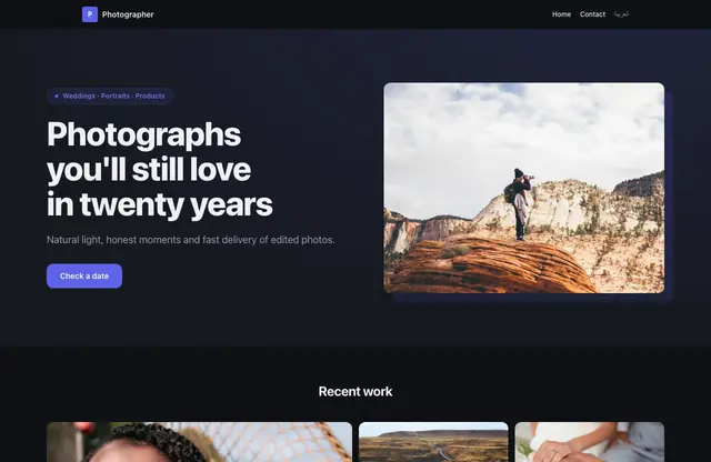 Photographer website template — home page preview