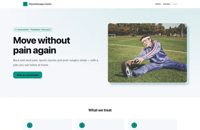 Physiotherapy Centre website template — home page preview