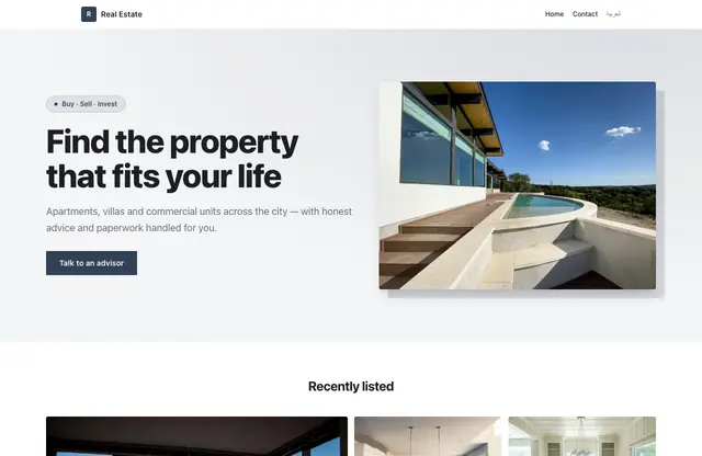 Real Estate website template — home page preview