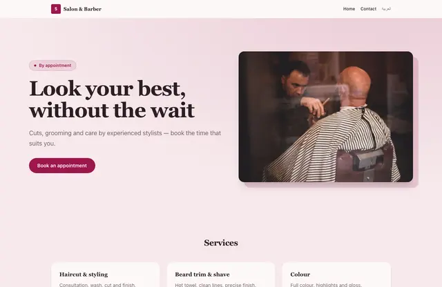 Salon & Barber website template — home page preview