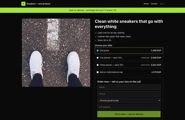 Sneakers — one product — Bold website template — home page preview