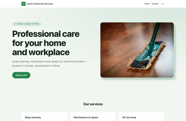 Home & Business Services website template — home page preview