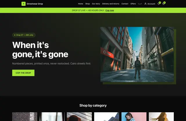 Streetwear Drop website template — home page preview