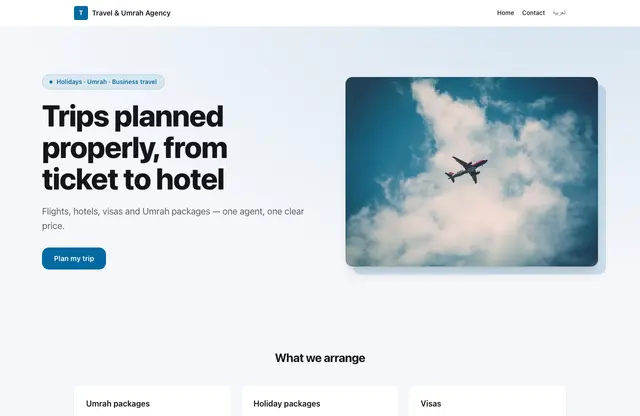 Travel & Umrah Agency website template — home page preview